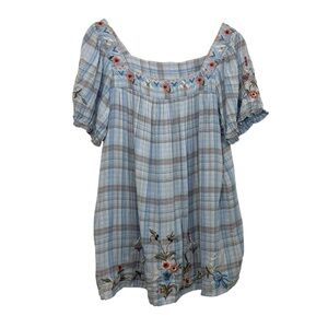 Kyla Seo Womens Zuri Embroidered Gauzy Tunic Top Sz Large Sz Blue Short Sleeve